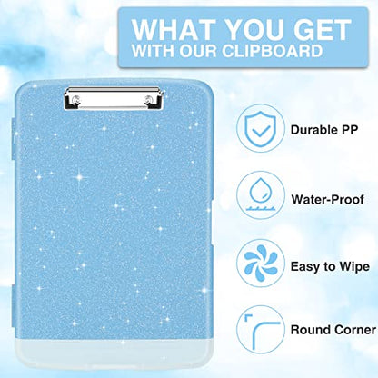Sooez Glitter Clipboard with Storage, High Capacity Clip Boards 8.5x11 with Pen Holder, Cute Clipboards with Low Profile Clip, Sparkle Plastic Organizer Case Box for Women & Kids, Side Opening - color: Glitter Blue