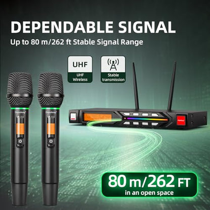 Depusheng R7 Wireless Microphone Set with Two Wireless Dynamic Handheld Microphones Receiving Range of 80 Meters Suitable for Karaoke Concert Stage