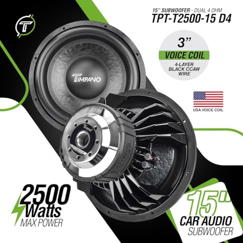 Timpano 15 Inch Subwoofer D4 2500 Watts Max Power Dual 4 Ohm, 15 Subwoofer Speaker 23.5 mm High Xmax, TPT-T2500-15 D4, 3 in Voice Coil, Competition Sub Woofer for Car Audio Systems (Single) - size: 15 Inch - Dual 4 Ohm