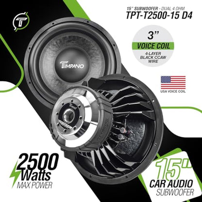 Timpano 15 Inch Subwoofer D4 2500 Watts Max Power Dual 4 Ohm, 15 Subwoofer Speaker 23.5 mm High Xmax, TPT-T2500-15 D4, 3 in Voice Coil, Competition Sub Woofer for Car Audio Systems (Single) - size: 15 Inch - Dual 4 Ohm