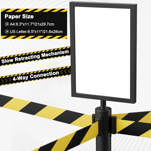 8-Pack Black Stainless Steel Crowd Control Stanchions, 9.8 ft Retractable Black and Yellow Stripe Safety Belts with 2 Sign Holders(Black and Yellow Stripe Belt) - color: Black stanchions w Black and Yellow Stripe Belt, size: 8 pcs