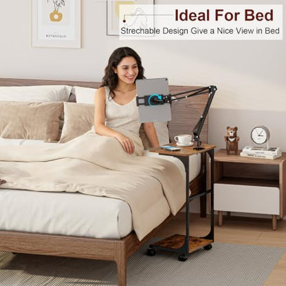 Floor Kindle Tablet iPad Stand with C-Shaped Side Table, Angle Height Adjustable iPad Tablet Kindle Holder for Bed with 360-Degree Rotating Wheels, Compatible with 4.7"-13" Kindle Cell Phone iPhone - size: 11.4"D x 15.4"W x 56.4"H
