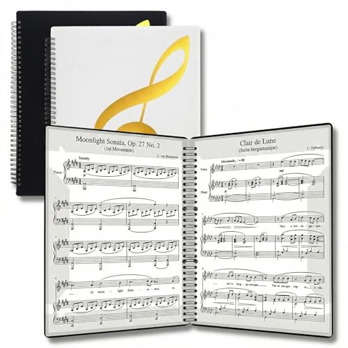 2 Pcs Piano Sheet Music Folder Organizer, Music Folder for Sheet Musical, 30-Pocket (60 Pages) Spiral Binder, 8.5x11 Inch Letter Size, Black & Cream White for Choir Band Orchestra Lessons