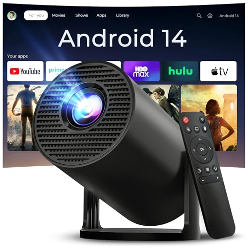 [Built-in Apps] Mini Projector 4K Supported, Android TV OS & Phone Remote | Projector with WiFi 6 & Bluetooth 5.4, Short Throw, Auto Keystone and 180° Rotation for Bedroom, Home Cinema and Outdoor Use - color: Black