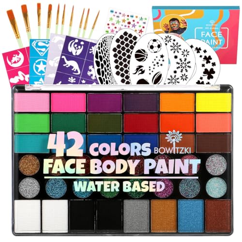 Bowitzki Face Paint Kit for Adults Stencils Glitter Brushes Face Painting Set for Sensitive Skin Water Based FDA Compliant Professional Body Painting (42 new) - color: 42 new