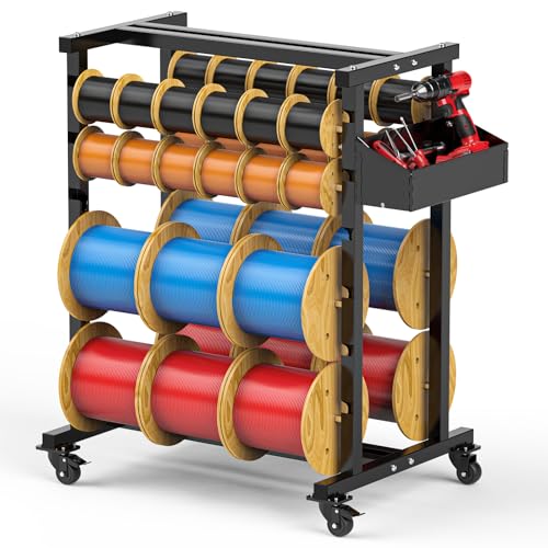 Upgraded Wire Spool Rack 8 Rod Cable Caddy Adjustable | Wire Spool Holder with Locking Wheels 400 Lbs Capacity Cable Dispenser for Electrical and Industrial Use (Black) - color: Black