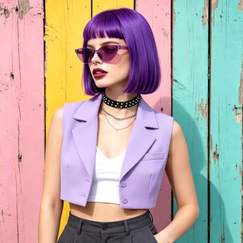 Short Bob Straight Hair Wigs with Bangs, Heat Resistant Fiber Hair, Cat Eye Glasses for Women (Purple) - color: Purple