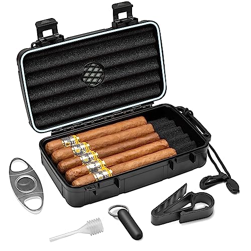 Flauno Travel Cigar Humidor Case - Portable Cigar Box kit with Humidifier Disc, Cigar Cutter, Cigar Punch, Cigar Holder & Dropper, Waterproof, Crushproof, Airtight (Holds up to 10 Cigars) - size: Holds up to 10 Cigars with Cigar Accessories