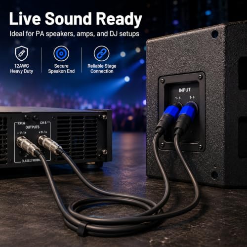 Speakon to 1/4 Speaker Cable 2-Pack 3.3ft, 12AWG OFC Heavy Duty 20A NL4FX Twist Lock, for QSC Crown Yamaha JBL PA System, DJ Stage Monitor Subwoofer Live Sound