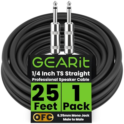 GEARit Professional Speaker Cable (25ft) 12AWG Pure Copper 1/4 inch to 1/4 inch TS Straight Male to Male for Amplifier, Speaker Cabinet, PA and DJ Audio - size: 25 Feet