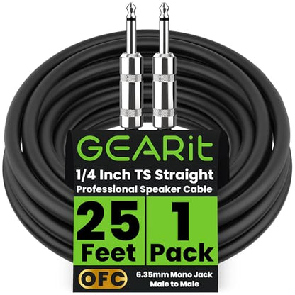 GEARit Professional Speaker Cable (25ft) 12AWG Pure Copper 1/4 inch to 1/4 inch TS Straight Male to Male for Amplifier, Speaker Cabinet, PA and DJ Audio - size: 25 Feet