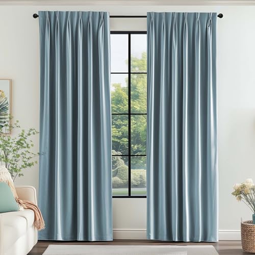 Lazzzy Blue Blackout Velvet Curtains 84 Inch Length Pinch Pleated Thermal Insulated Room Darkening Luxury Modern Back Tab Window Drapes for Bedroom Living Room 2 Panels, 52 x 84 Inch, Aegean Blue - color: Aegean Blue, size: 52"W x 84"L (Pack of 2)