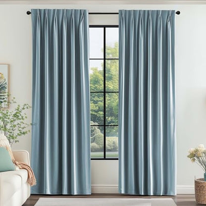 Lazzzy Blue Blackout Velvet Curtains 84 Inch Length Pinch Pleated Thermal Insulated Room Darkening Luxury Modern Back Tab Window Drapes for Bedroom Living Room 2 Panels, 52 x 84 Inch, Aegean Blue - color: Aegean Blue, size: 52"W x 84"L (Pack of 2)