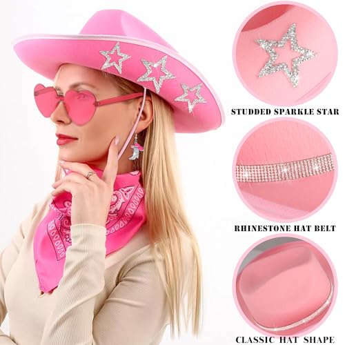 GIFIKOI Cowgirl Outfits Star Cowboy Hat Sparkly Boots Earrings Bandana Sunglasses for Women Western Costume Accessories - color: Pink