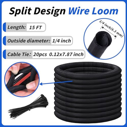15ft - 1/4in Split Braided Sleeve Cable Management, Self-Wrapping | Flexible loom tubing protects wires from abrasion and heat. Great for automotive, TV, computer, and home electrical use. - size: 1/4inx15ft