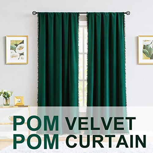 Christmas Green Velvet Curtains for Living Room 63" Pom Pom Room Darkening - color: Pom Pom- Christmas Green, size: 42"W x 63"L (Pack of 2)
