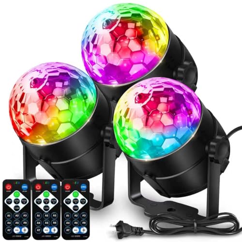 3 Pack Disco Ball Party Lights, Sound Activated DJ Lights with Remote Control, 7 Colors RGB Strobe Light Projector for Kids Birthday, Wedding, Karaoke, Bar, Home Gym & Room Decor