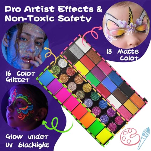 SAM SUGAR Face Painting for Kids 42 Colors Non-Toxic Vibrant Colors Professional kids face painting with 16 Crayons 56 Sticky Stencils 12 Paint Brushes for Halloween Parties