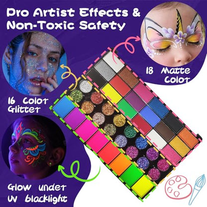 SAM SUGAR Face Painting for Kids 42 Colors Non-Toxic Vibrant Colors Professional kids face painting with 16 Crayons 56 Sticky Stencils 12 Paint Brushes for Halloween Parties