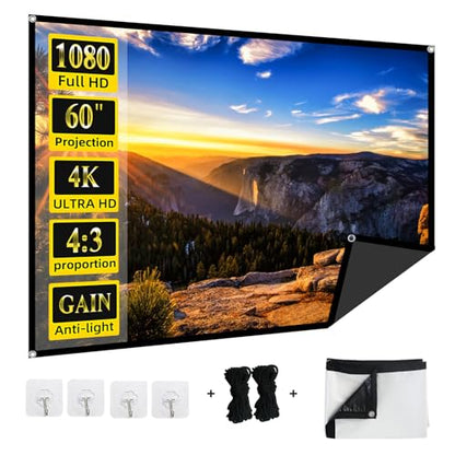 60-Inch Anti-Light Projector Screen, 4K HD 4:3 Portable Outdoor Movie Screen, Black Backing Foldable Indoor Projection Screen with High Gain & 160° Viewing Angle for Home Theater, Camping, RV