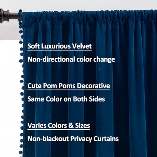 Treatmentex Pom-Pom Blue Velvet Curtains for Living Room 63" Luxury Room Darkening Cotton Feel Soft Classic Navy Royal Blue Window Curtain Panels 2PC - color: Pom Pom- Navy(royal Blue), size: 42"W x 63"L (Pack of 2)