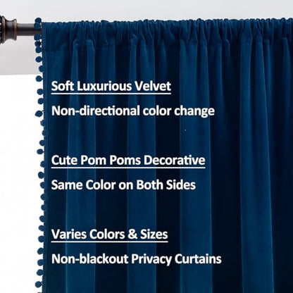 Treatmentex Pom-Pom Blue Velvet Curtains for Living Room 63" Luxury Room Darkening Cotton Feel Soft Classic Navy Royal Blue Window Curtain Panels 2PC - color: Pom Pom- Navy(royal Blue), size: 42"W x 63"L (Pack of 2)