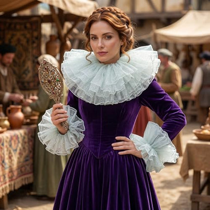 Renaissance Victorian Ruffle Collar and Wrist Cuffs Set Clown Neck Collar Layered Tulle Collar Cuffs - color: White