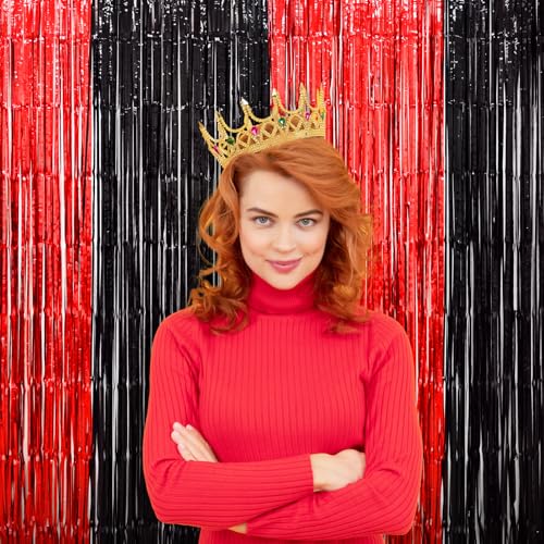 LOLStar Casino Party Decorations, 3 Pack Red and Black Birthday Party Supplies 3.3 x 6.6ft Tinsel Foil Fringe Curtains Photo Booth Props Backdrop Streamers, Decor for Vegas Poker Party