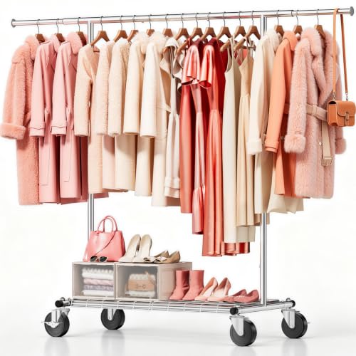 Heavy Duty Clothes Rack, Rolling Clothing Rack Load 420 LBS, Silver | Heavy Duty Clothing Rack for Hanging Clothes with Lockable Wheels & Shelves, Garment Rack for Bedroom Closet Laundry - color: Silver
