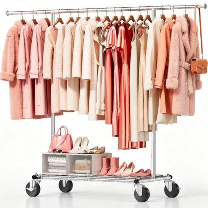 Heavy Duty Clothes Rack, Rolling Clothing Rack Load 420 LBS, Silver | Heavy Duty Clothing Rack for Hanging Clothes with Lockable Wheels & Shelves, Garment Rack for Bedroom Closet Laundry - color: Silver