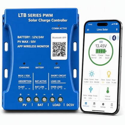 Solar Charge Controller 20A with Bluetooth – 12V/24V Auto Detect, LCD Display & USB Port, Compatible LiFePO4 Lithium Gel AGM Sealed, Monitor via LM Solar App (iOS/Android), 3-Stage Charging