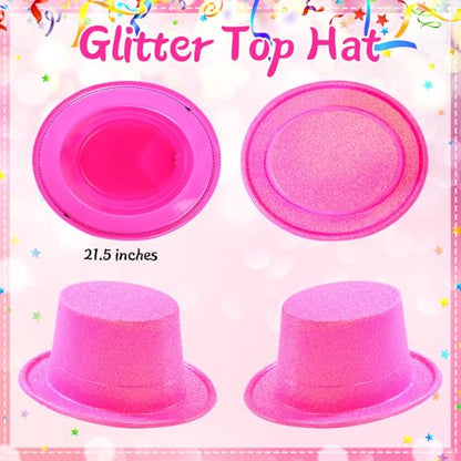 Hillban 12 Pack Hot Pink Top Hats Party Shiny Plastic Glitter Sequin Hat Disco Costume Accessories Bulk for Glow Wedding Party Supplies Magician Carnival Celebration Birthday Valentines - color: Hot Pink, style: Classic