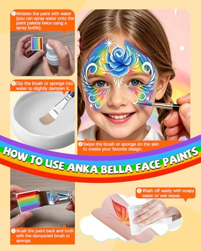 Anka Bella Face Painting Kit for Kids & Adults, Professional Water Activated Face Paint Palette with 14 Brushes, Stencils & Sponges, Non Toxic Hypoallergenic Washable for Drawing Various Flowers - color: BloomArt Palette