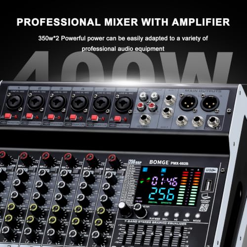 BOMGE Powr Mixers Audio, 6Channel Power Sound Mixer Amplifier 2 * 400W Dj Mixer Board withUSB, 6 X Mic Pres, +48V, Bluetooth, 256 Kinds of DSP for Speakers,concert party, karaoke studio