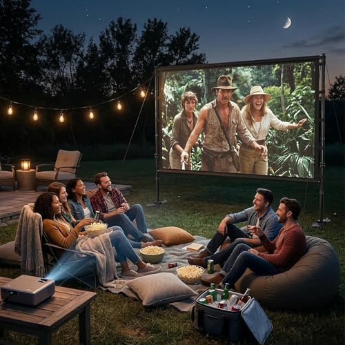 Outdoor Projector Screen with Stand 120 Inch, 16:9 Portable 4K HD Indoor Movie Screen, Large Double-Sided Washable Screen with Carry Bag, Sandbags for Backyard, Camping, Home Theater - size: 120 in