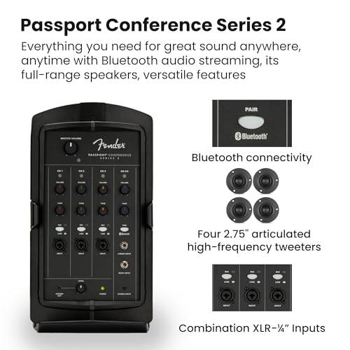 Fender Passport Conference S2 Portable PA System Bundle with Microphone Kit, Compact Speaker Stands, and Instrument Cable