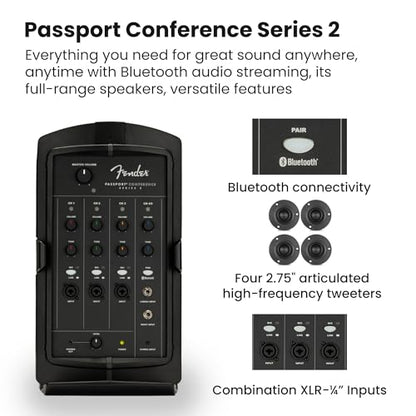 Fender Passport Conference S2 Portable PA System Bundle with Microphone Kit, Compact Speaker Stands, and Instrument Cable