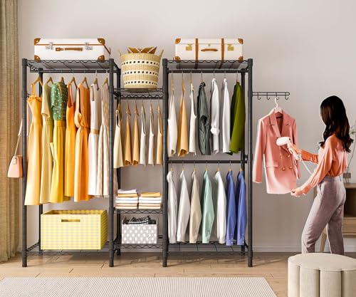 Heavy Duty Garment Rack, Portable Wardrobe Clothes Rack | Freestanding Adjustable Clothing Rack with 7 Tiers Adjustable Wire Shelving and 4 Hanger Rods, Max Load 920LBS Black - color: Black, size: B3: 5 Tiers with 4 Rods,72.4"L x 15.7"W x 76.8"H
