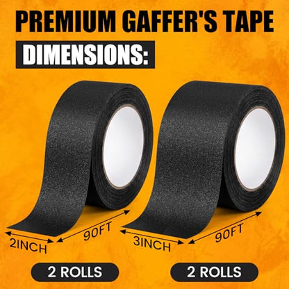 4 Pack Black Gaffers Tape 2 Inch x 30 Yards and 3 Inch x 30 Yards Grade Non Reflective Cloth Tape No Residue Water Resistant Easy Tear for Stage Film Cable Management