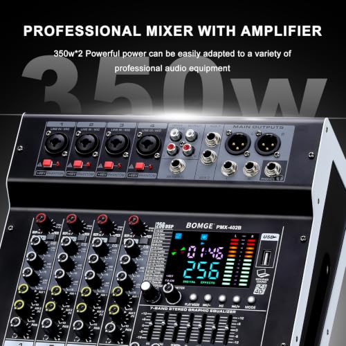 BOMGE 4-Channel Audio Interface Mixer with 256 DSP, Bluetooth 48V Phantom Power, 2x350W Amplifier (4 Ohm) for Studio Recording, DJ Mixing, Karaoke, Concert Party & Streaming