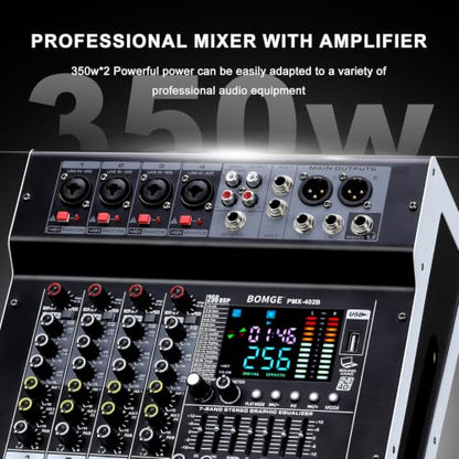 BOMGE 4-Channel Audio Interface Mixer with 256 DSP, Bluetooth 48V Phantom Power, 2x350W Amplifier (4 Ohm) for Studio Recording, DJ Mixing, Karaoke, Concert Party & Streaming
