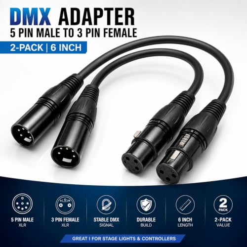 2-Pack DMX Adapter 5 Pin to 3 Pin, 6 Inch XLR Male to Female Cable with Gold-Plated Connectors for Stage Lights, Moving Heads, LED Pars and DJ Lighting Controllers