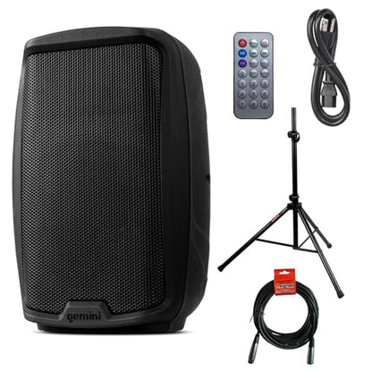 Gemini Sound AS-2110BT Active 10 Inch Woofer 1000W Watt DJ Monitor Powered Amplified PA Speakers System with Bluetooth Bundle with Auray SS-4420 Steel Speaker Stand and XLR Cable
