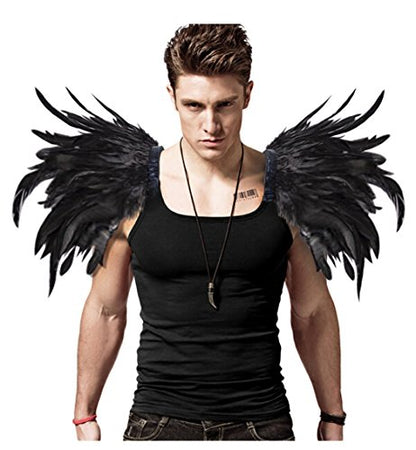 L'VOW Men Gothic Natural Real Feather Epaulet Shrug Shoulder Strap for Halloween Costume - Pack of 2 - color: A-rooster Black