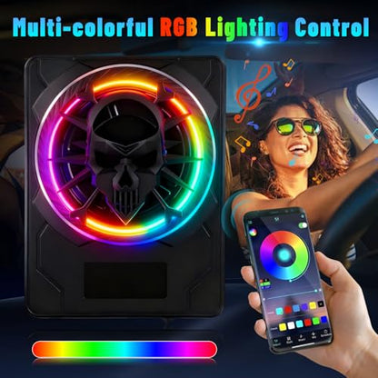 10 Inch Slim Under Seat Powered Car Subwoofer, 1200W Peak Active Subwoofer with Color LED Ambient Light, Built-in Amplifier and Remote, Car/Truck Audio Bass System - color: 10" 1200W Colorful Skull