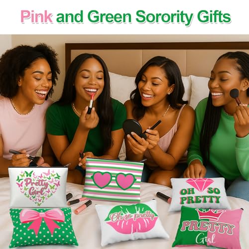 Reginary 12 Pcs Sorority Gifts for Women Pink and Green Sister Makeup Bags | Greek Sorority Cosmetic Bags, Pretty Girl Zipper Pouches, Sister Birthday Friendship Gifts - style: Aka Sorority