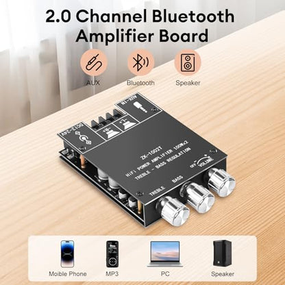 Daakro ZK-1002T Bluetooth Amplifier Board,100W+100W 2.0 Channel Amp Board with Treble/Bass Control,DC 12-24V, Bluetooth and AUX Inputs, Audio Amp Board for Home DIY Wireless Speakers, Password Free - color: ZK-1002T