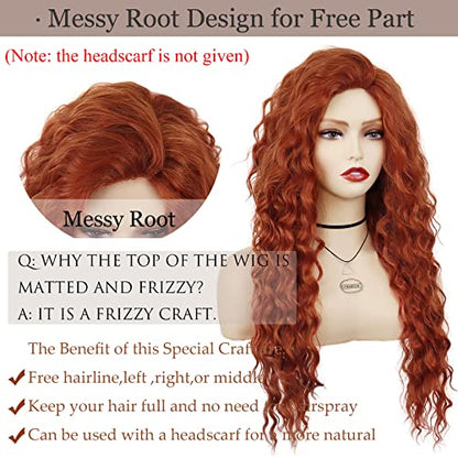 Long Ginger Red Curly Wig Merida Costume Fluffy Waves Free Part Hairline - color: Red