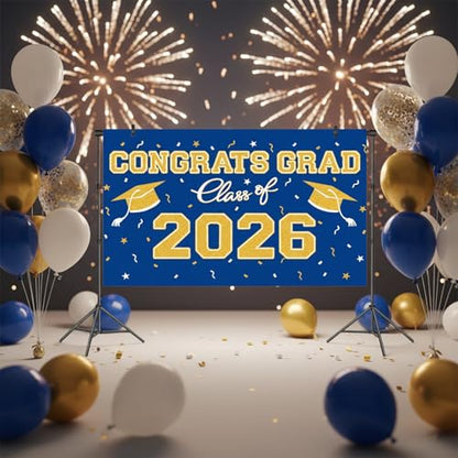 Blue Gold Graduation Backdrop 39x59 Inches, Class of 2026 Photo Booth Background for Commencement Party Decor - style: Blue Gold Backdrop