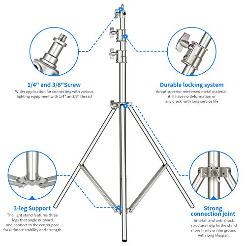 NEEWER 118"/3m Stainless Steel Light Stand, Spring Cushioned Heavy Duty Photography Tripod with 1/4" to 3/8" Universal Screw Adapter for Strobe, LED Video Light, Ringlight, Monolight, Softbox | Photography Tripod with 1/4" to 3/8" Universal Screw Adapter
